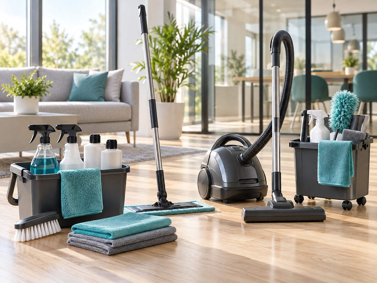 Professionele schoonmaakmiddelen in een moderne ruimte